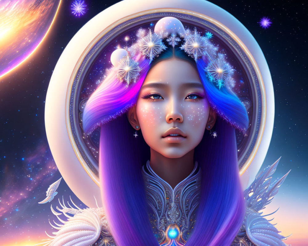 Fantasy portrait of a woman with purple hair in cosmic attire amid stars and celestial bodies.