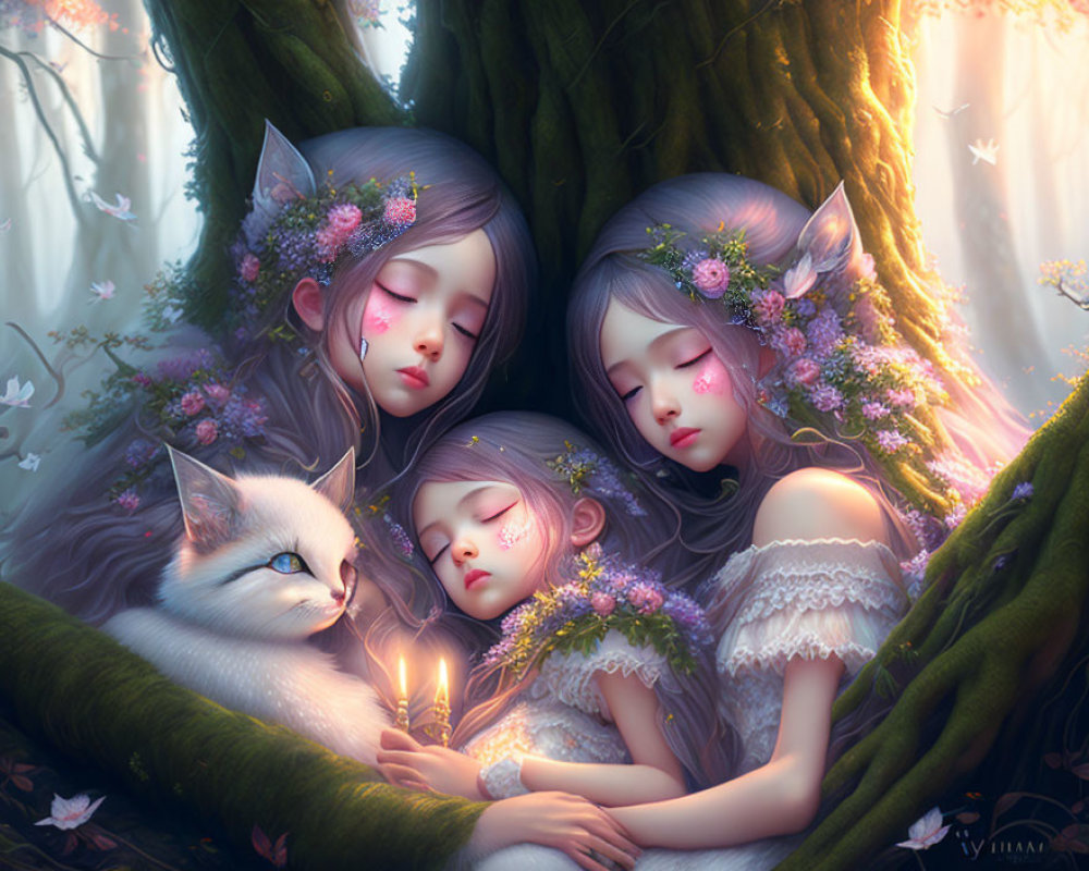 Ethereal elfin girls with pointed ears sleeping in a forest with flowers and a cat.