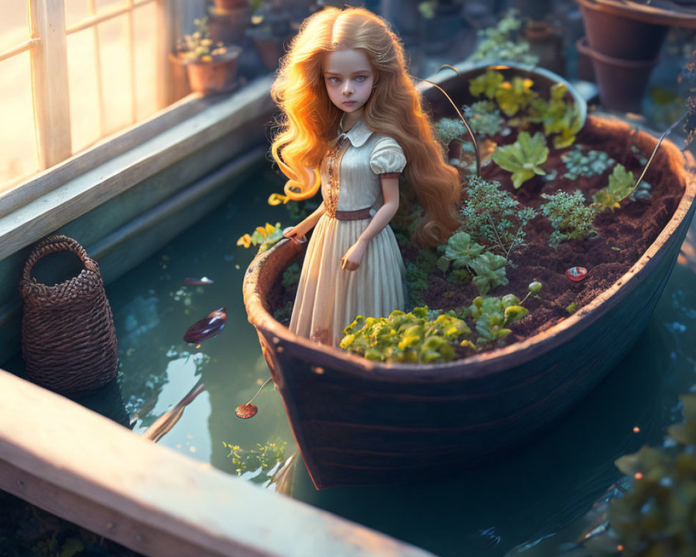 Blonde-haired doll in wooden boat surrounded by garden plants