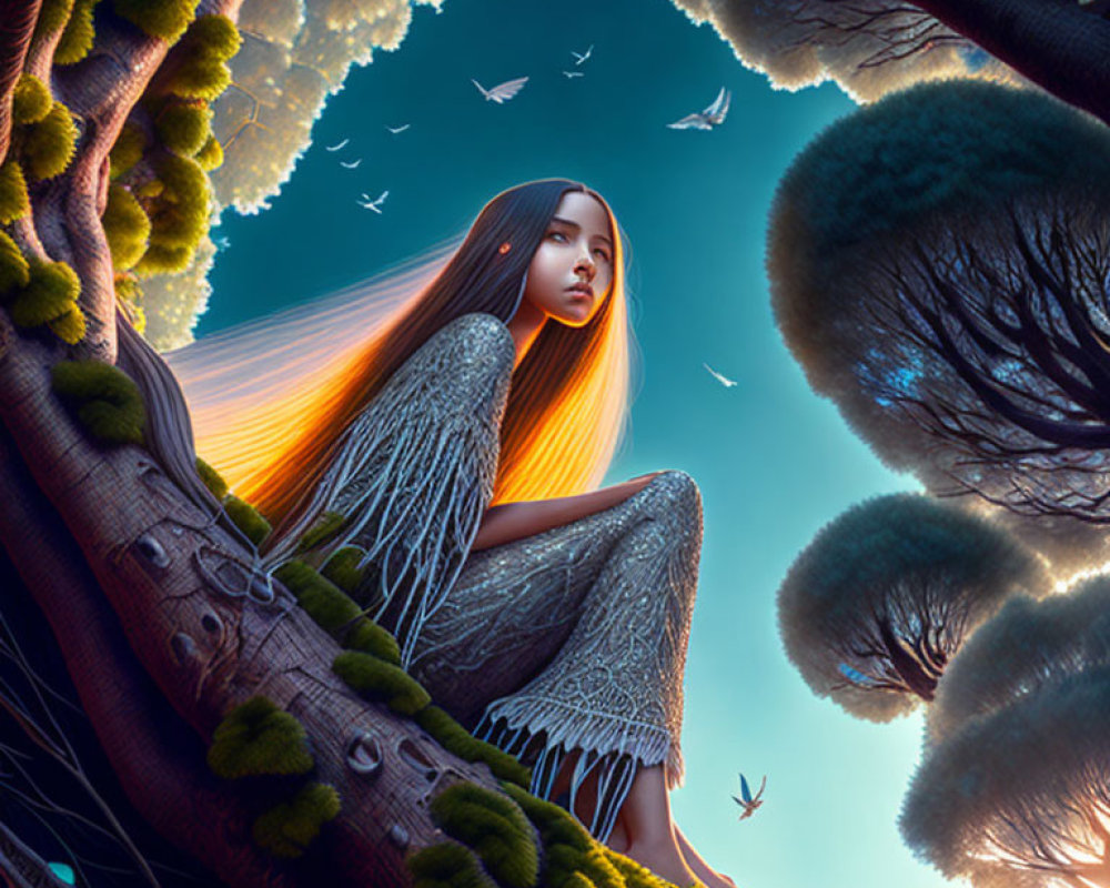 Surreal image: Woman with flowing hair on tree branch in enchanted forest