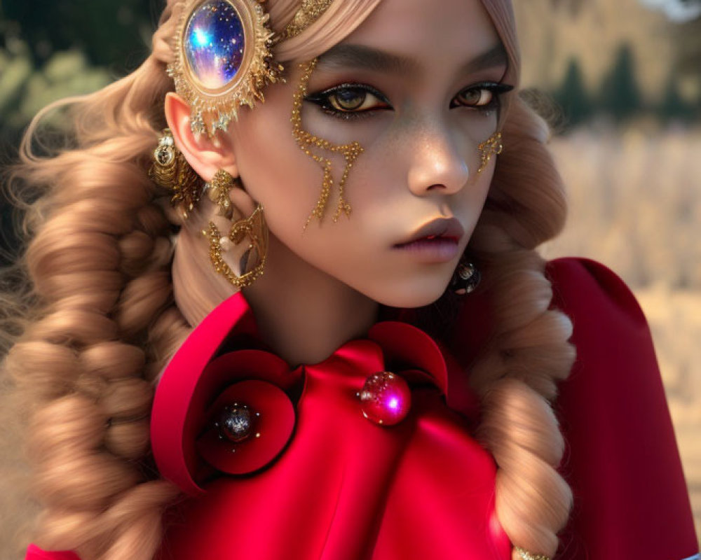 Woman with braided hair, golden eye-piece, red outfit, and mystical vibe