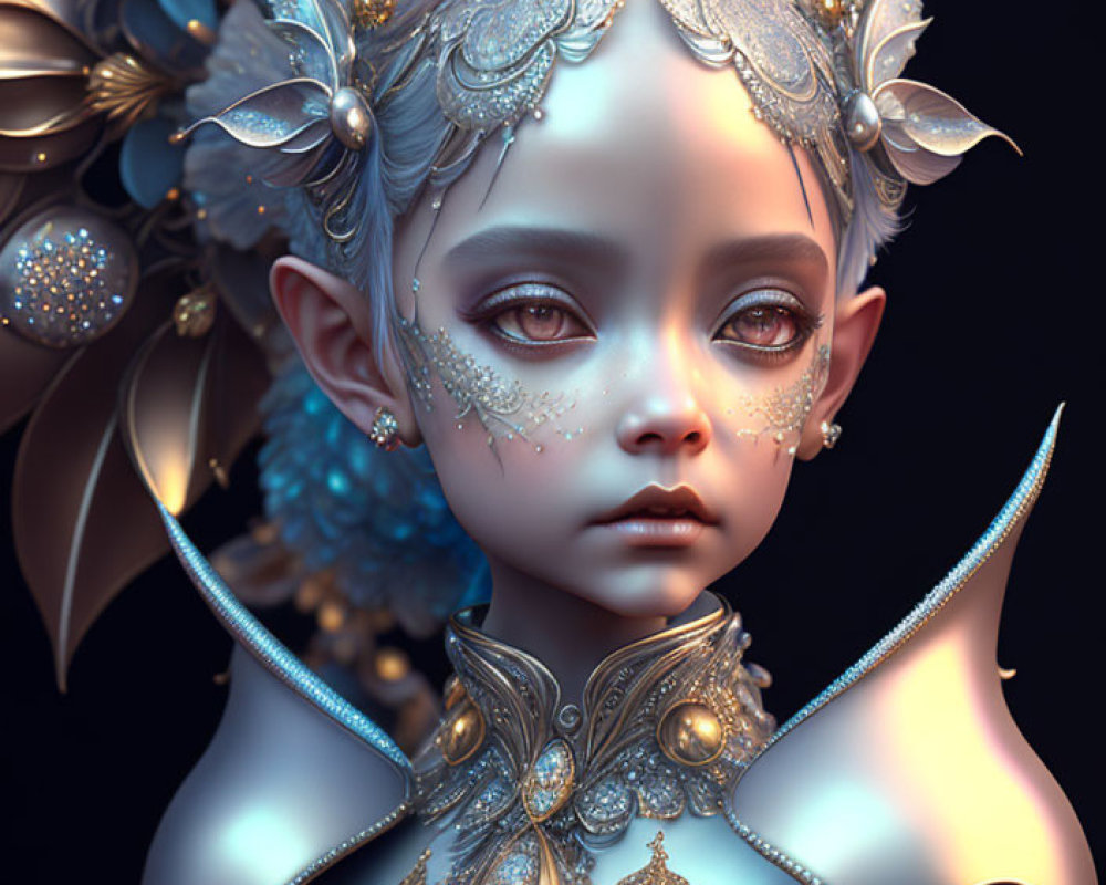 Fantasy Female Character with Pale Blue Skin and Elaborate Golden Headpiece