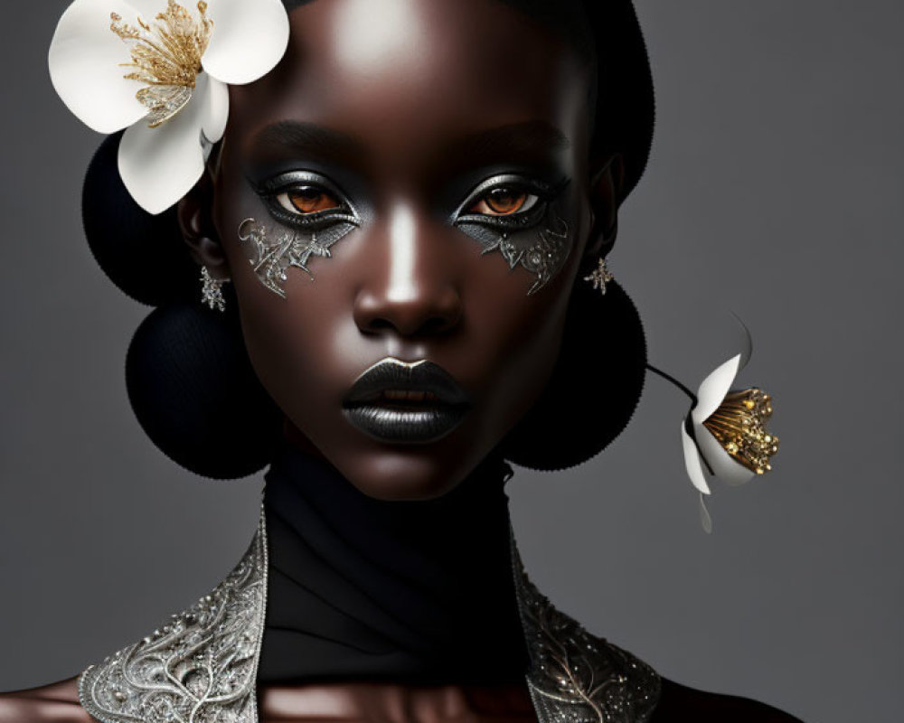 Portrait of woman with dark skin, metallic eye makeup, circular earrings, high-neck dress, and floral