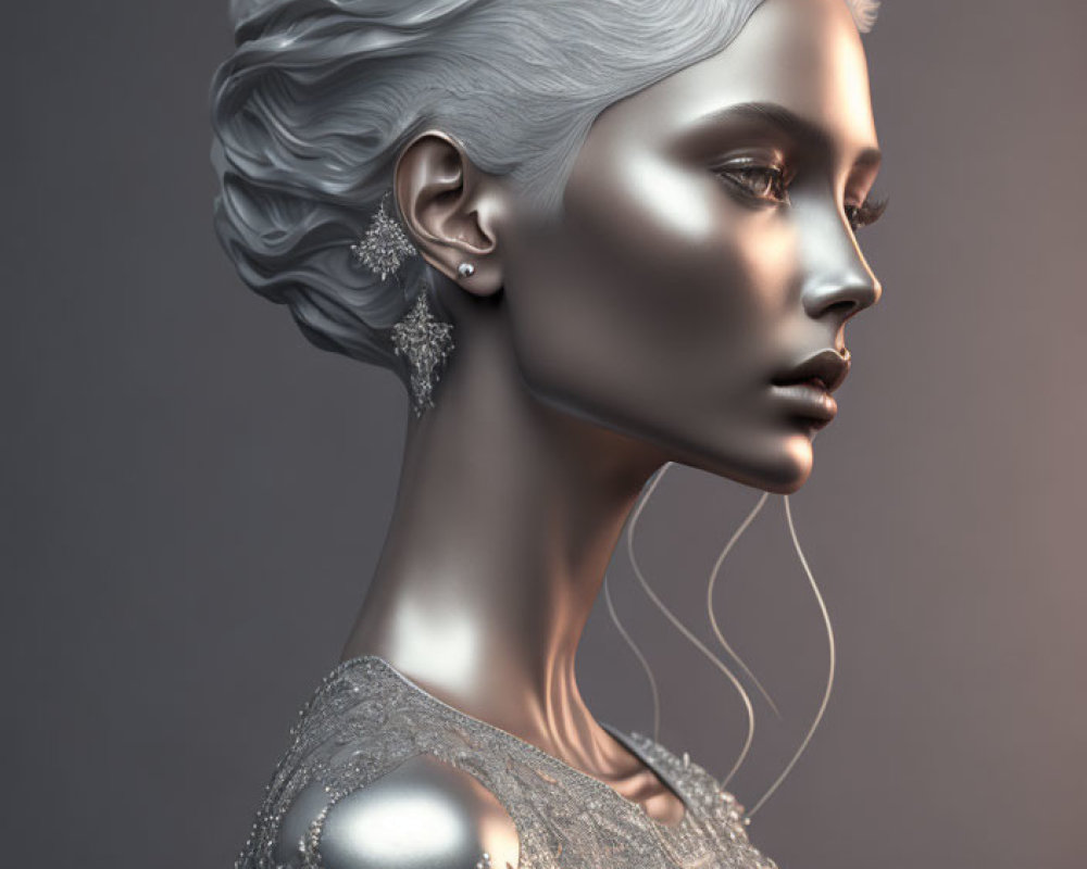 3D-rendered silver-haired woman with ornate details on grey backdrop
