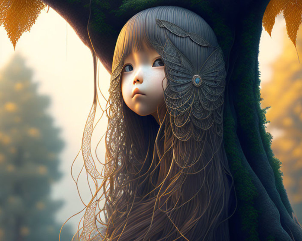 Digital artwork of a young girl with detailed hair and feathered accessory, merging with a tree in a