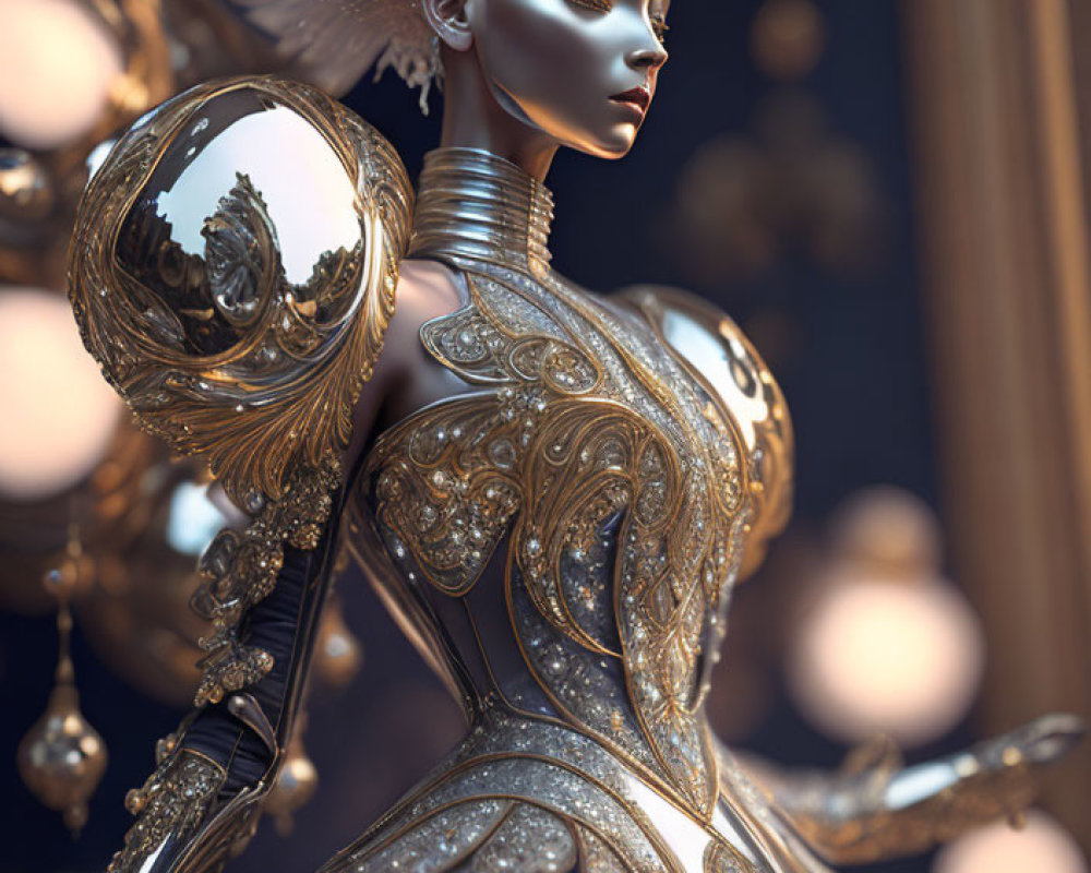 Detailed 3D rendering of female figure in gold dress with reflective orb on bokeh background