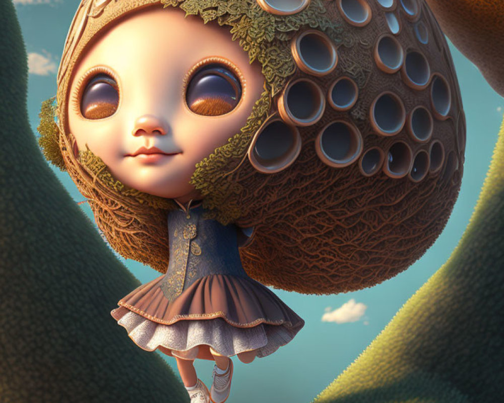 Whimsical 3D illustration of girl with oversized acorn hat amidst giant plant stems