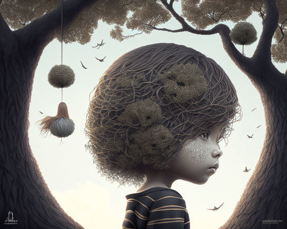 Surreal portrait of child with tree-like head and birds in intricate scene