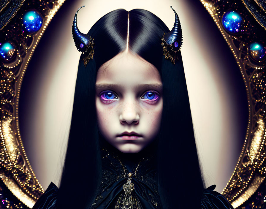 Digital Artwork: Girl with Black Hair, Glowing Violet Eyes, and Ornate Horns in