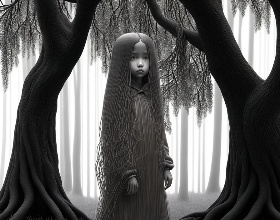 Monochrome illustration: young girl in mystical forest