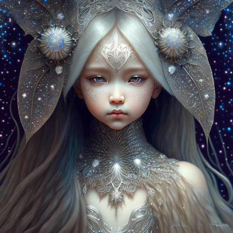 Silver-haired female figure in fantasy artwork with galactic-themed jewelry and headpiece on starry background
