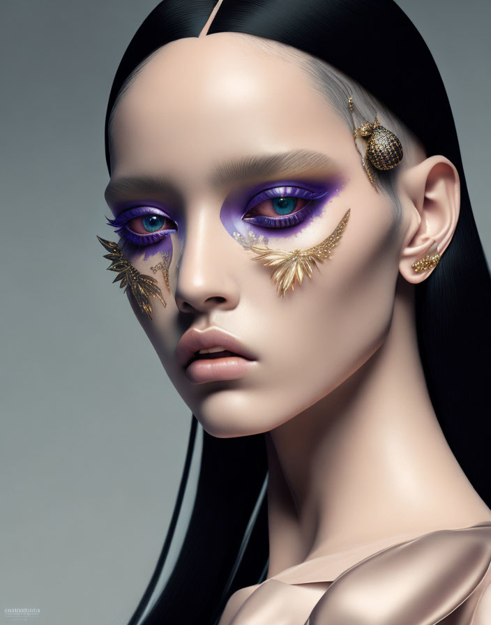 Portrait of Person with Striking Purple Eye Makeup and Golden Accessories