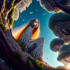 Surreal image: Woman with flowing hair on tree branch in enchanted forest