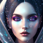 Digital artwork: Woman with glittery purple makeup, jeweled headpiece, glowing orbs, and elaborate