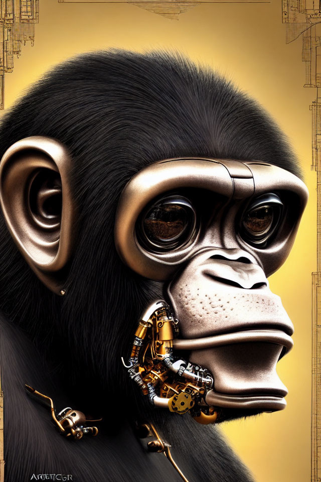 Cybernetic chimpanzee with mechanical eye and neck components on technical drawings background