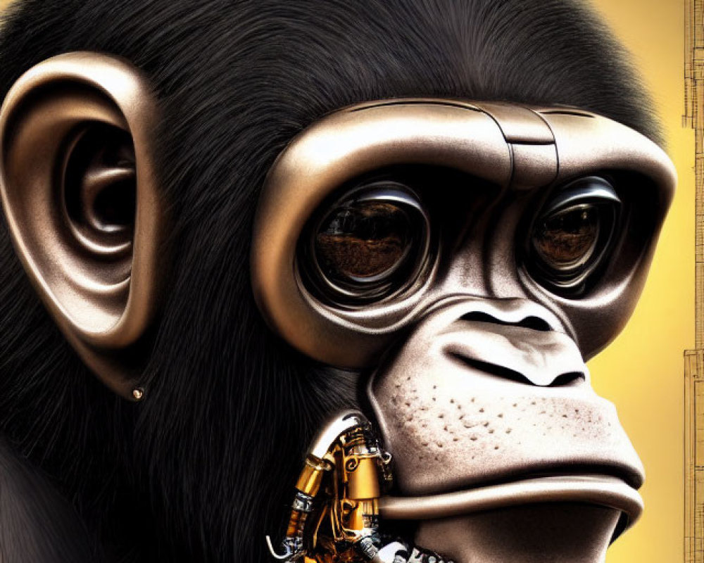 Cybernetic chimpanzee with mechanical eye and neck components on technical drawings background
