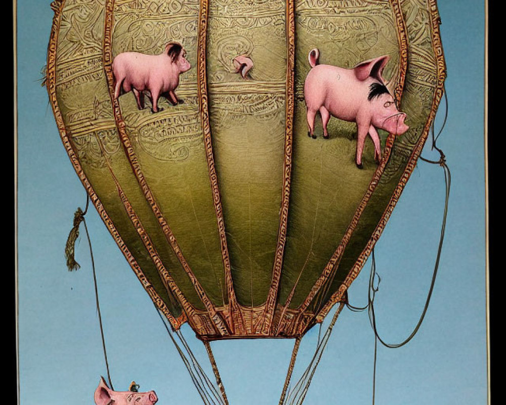 Illustration of whimsical hot air balloon with pig motifs and flying pigs.