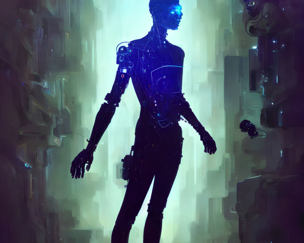 Silhouetted cybernetic humanoid with glowing light and futuristic machinery