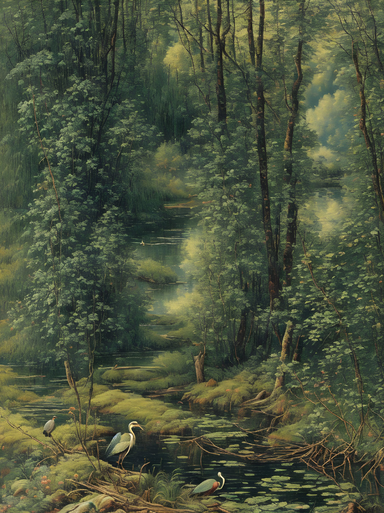 Herons Fishing in a Creek by the Forest
