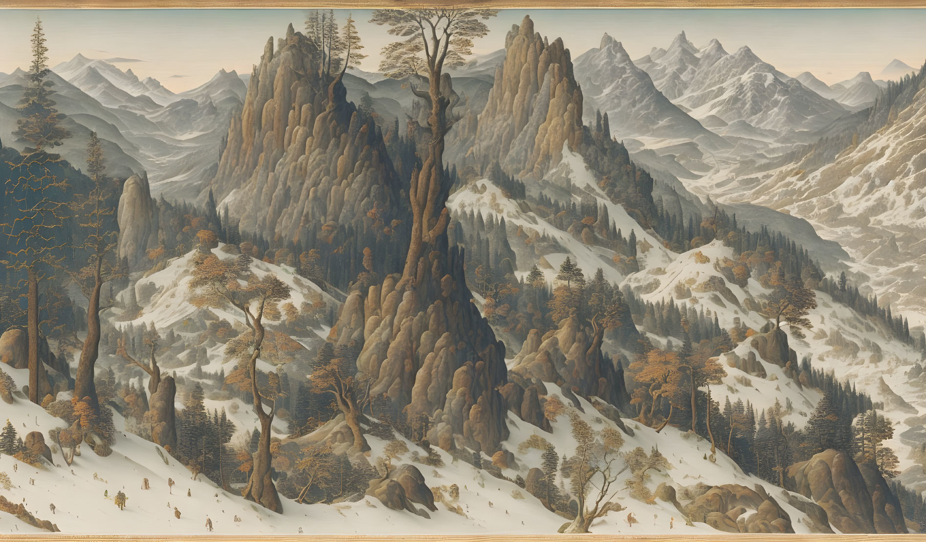 Panoramic landscape painting of rugged mountains & snow-capped peaks