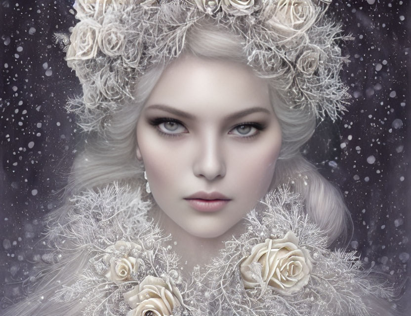 Portrait of a woman with pale skin, gray eyes, silver hair, and white rose headpiece in