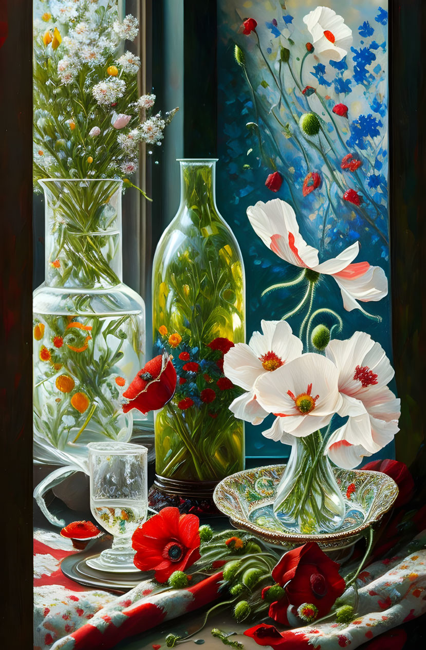 Colorful Still Life Painting with Red Poppies and Assorted Flowers in Vases