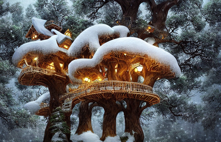 Snow-covered fantasy treehouses with glowing windows interconnected by wooden bridges under twilight sky