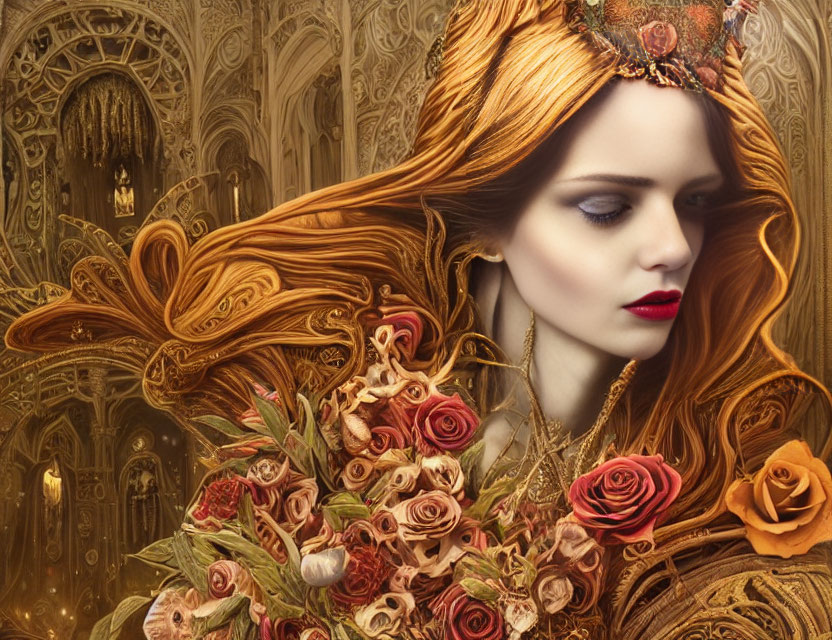 Detailed gothic architecture backdrop with woman in flower crown