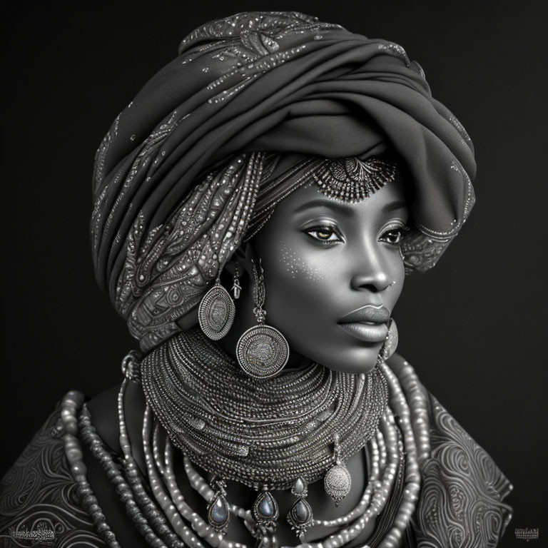 Monochrome portrait of a woman with ornate head wrap and intricate jewelry