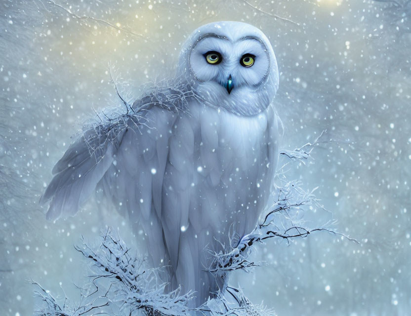 Snowy owl perched on frosty branch in falling snowflakes