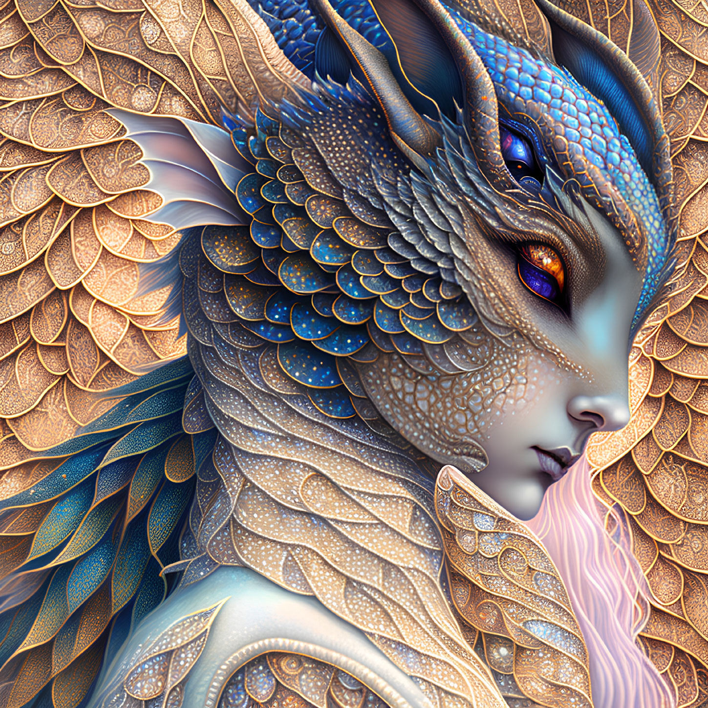 Fantastical humanoid creature with blue dragon scales and leafy wing-like ears