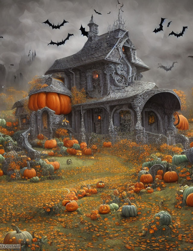 Spooky Halloween illustration with haunted house, pumpkins, bats, and autumn vibes