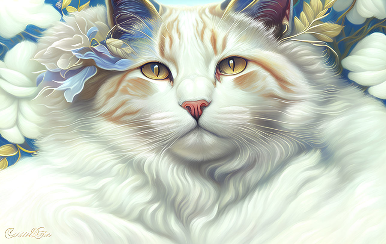 Detailed illustration of fluffy white and orange cat with amber eyes and blue flower, surrounded by blue and yellow