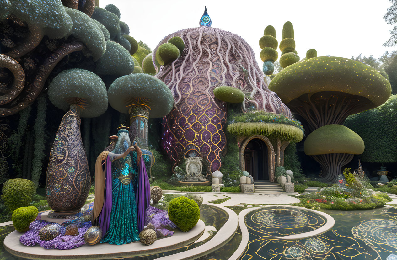 Fantasy garden with mushroom structures and vibrant plants