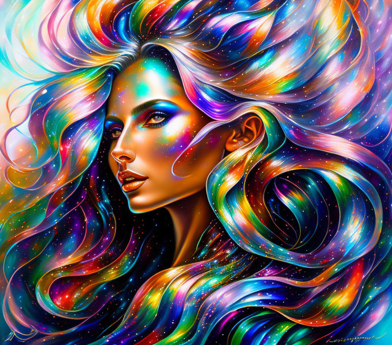 Colorful portrait of a woman with cosmic-inspired hair and star-like speckles