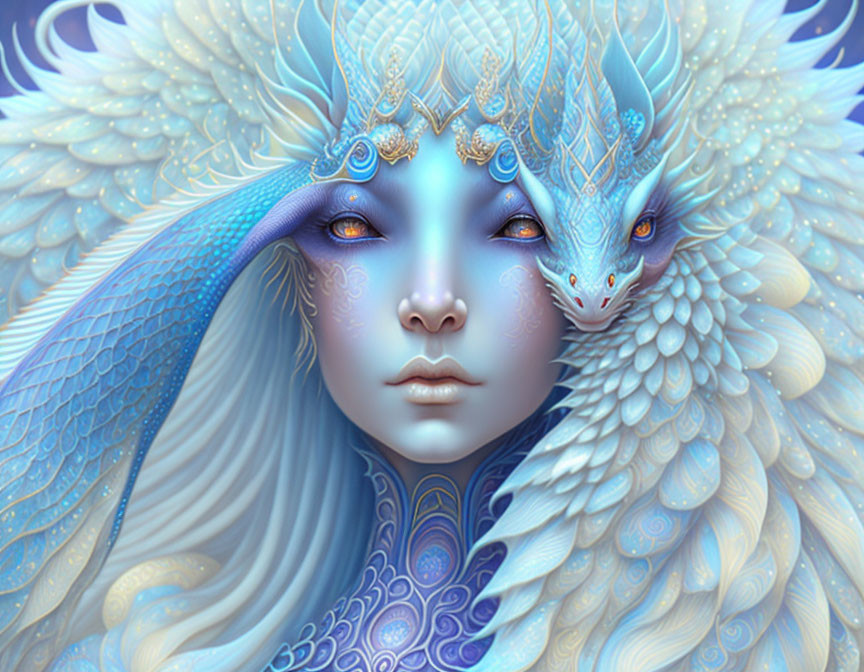 Fantasy illustration of a blue-skinned figure with dragon-like features and gold adornments.