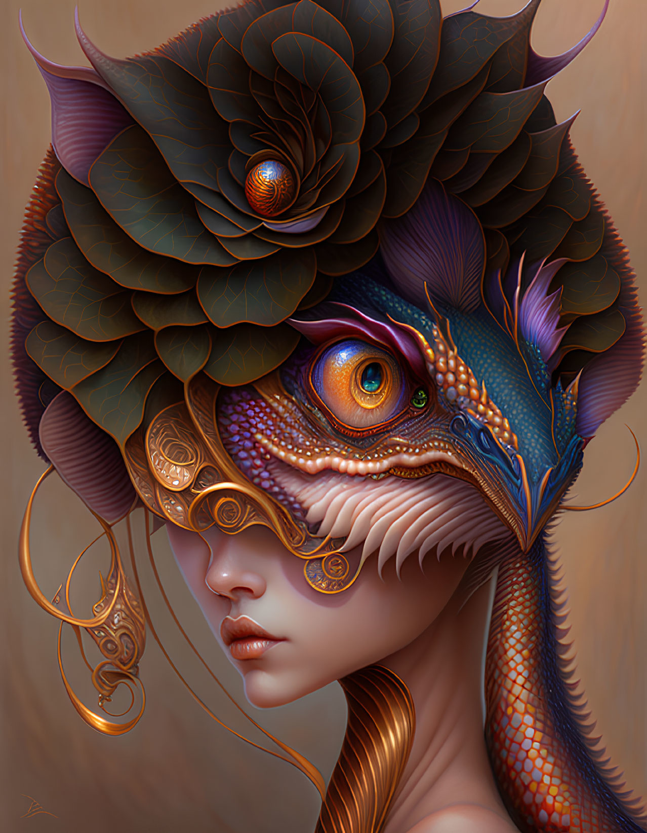 Digital artwork: Woman with peacock mask, intricate feathers