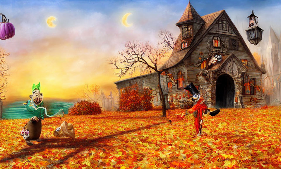 Whimsical Halloween scene with witch, ghosts, pumpkin figure, and haunted house