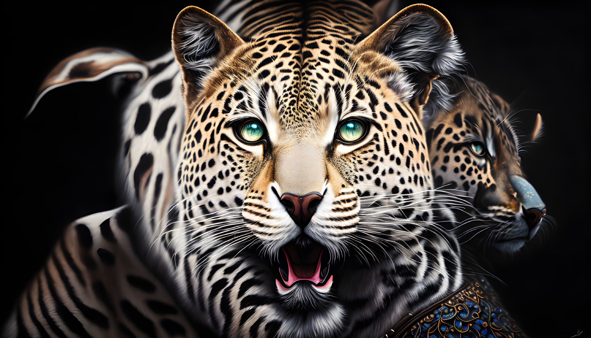 Hyper-realistic digital painting of two leopards with bright green eyes and open mouth.