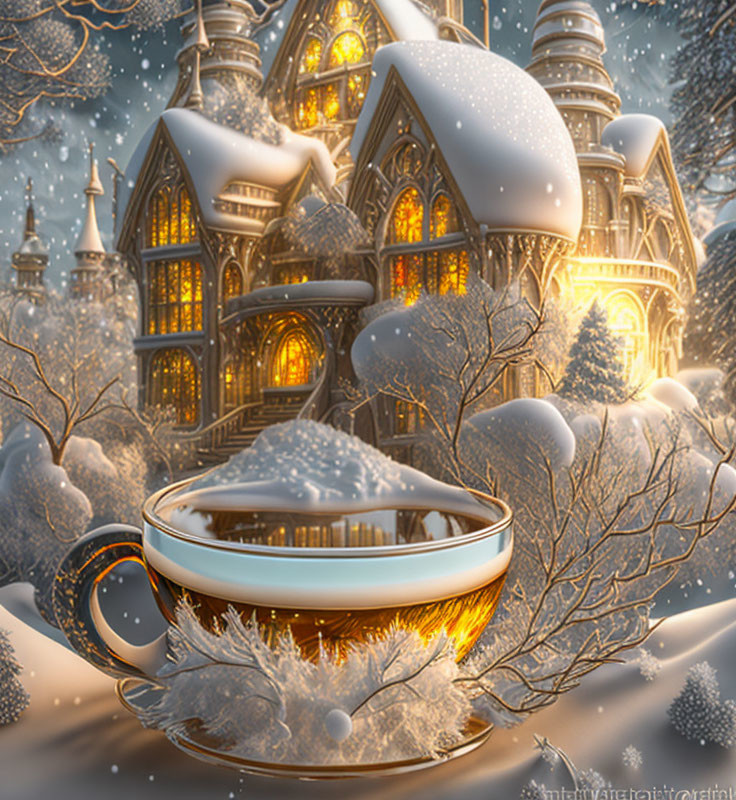 Winter-themed cozy cottage and hot beverage in snowy setting