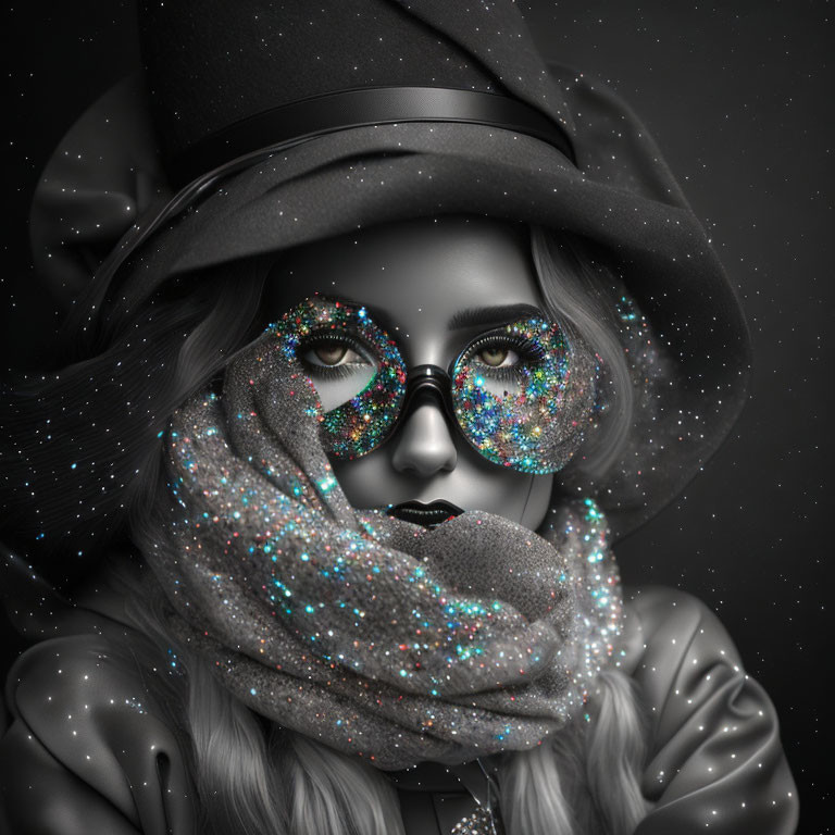 Monochromatic image of woman with colorful eye makeup, top hat, glasses, and scarf