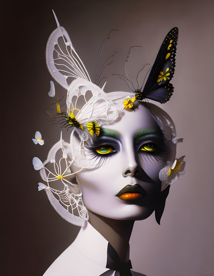 Stylized portrait with butterfly and floral motifs