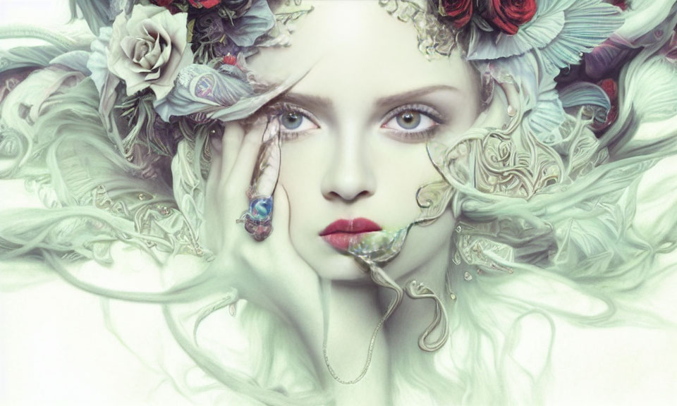 Pale-skinned woman in surreal portrait with white floral motifs