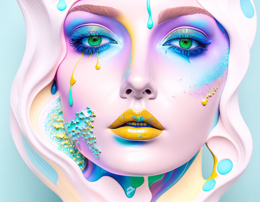 Colorful Digital Art Portrait with Melting Features and Sparkling Makeup