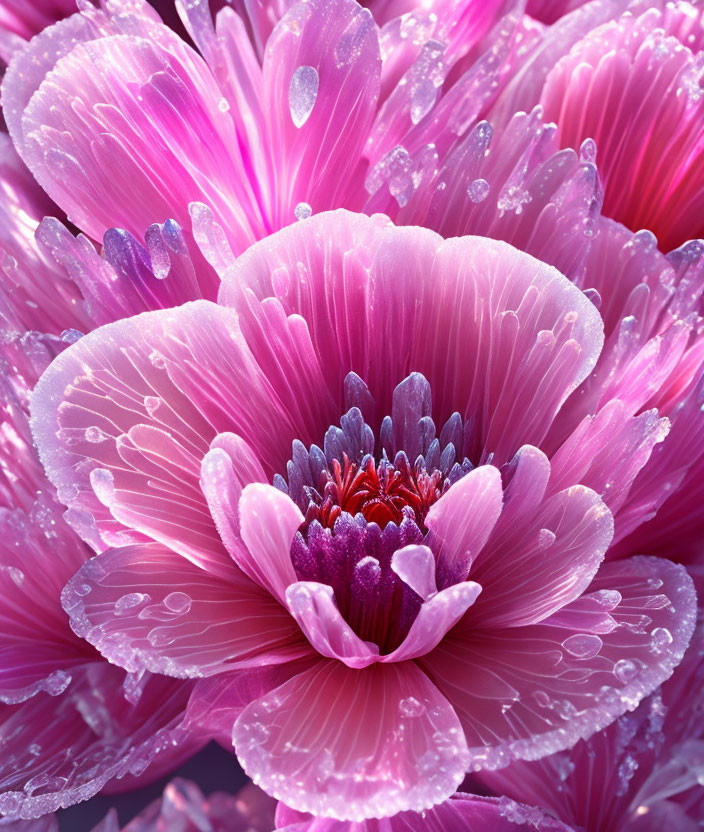 Detailed Close-Up of Vibrant Pink Flowers with Water Droplets