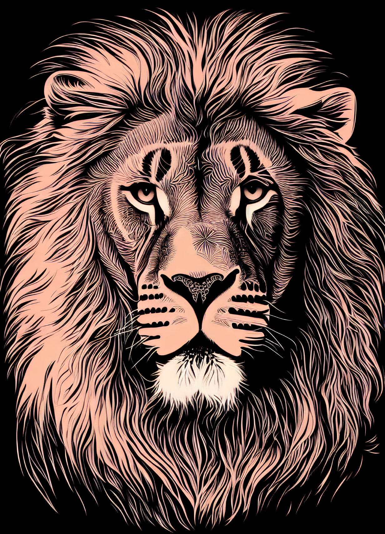 Detailed Lion Face Illustration with Geometric Patterns on Black Background