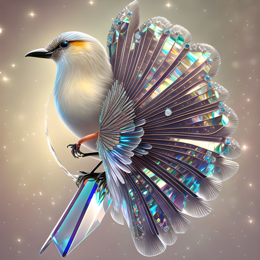 Colorful stylized bird with fan-shaped tail in digital artwork
