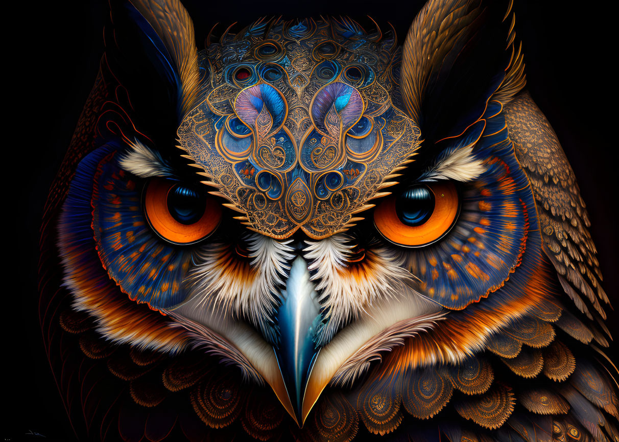 Detailed digital artwork: Owl with vibrant orange eyes and intricate patterns.