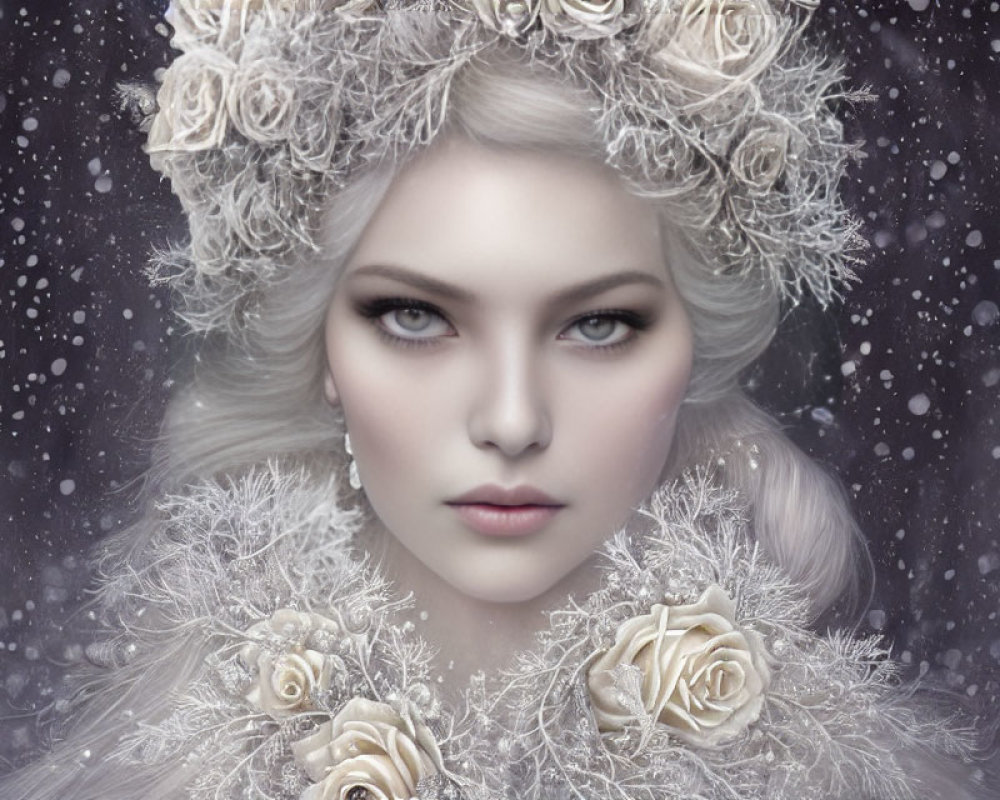 Portrait of a woman with pale skin, gray eyes, silver hair, and white rose headpiece in