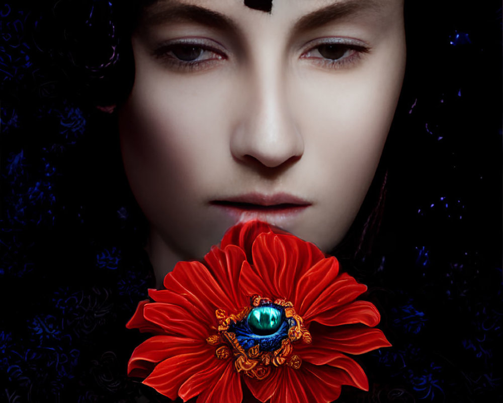 Pale-skinned woman with somber expression wearing black lace headpiece holding red flower with blue jewel center